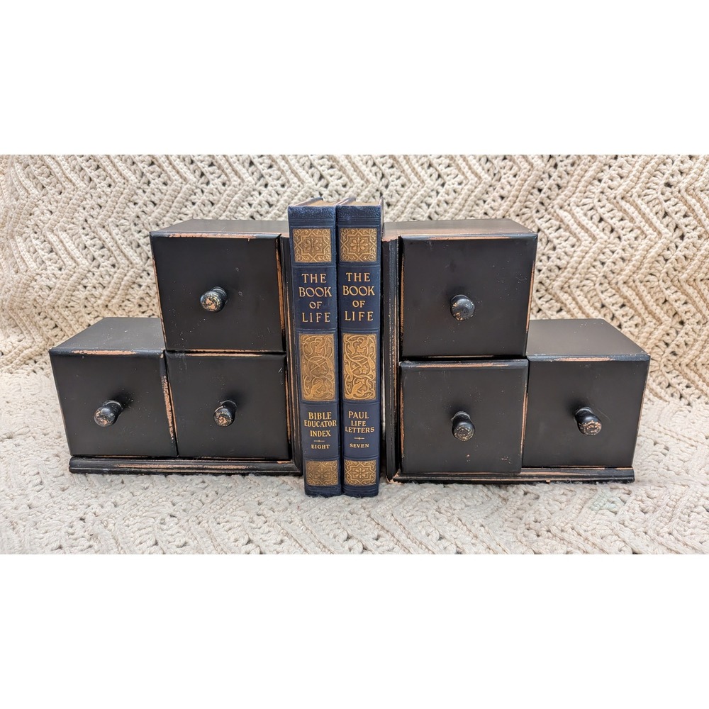 Vintage Style Black Wooden Apothecary Drawer Bookends Distressed Set of 2